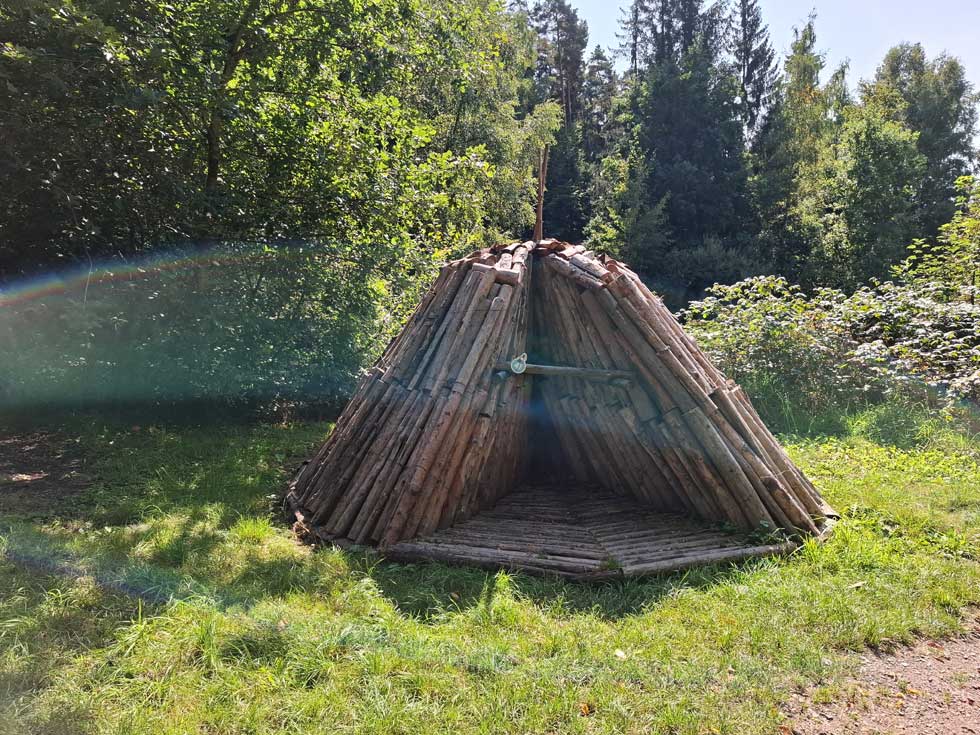 Waldlichtung mit Holz pyramidenhaft aufgeschichtet